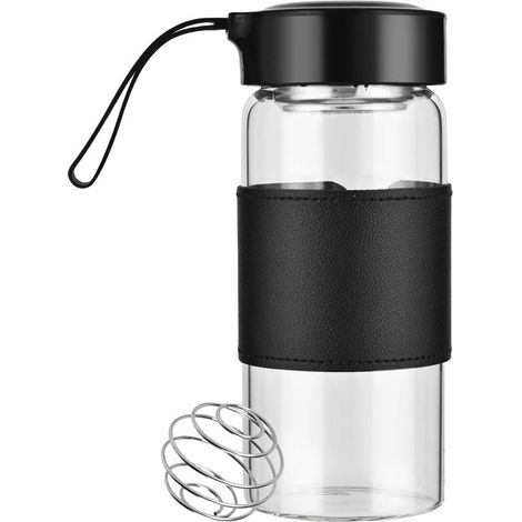 473 ml (16 oz) Glas-Proteinshaker mit integriertem Sieb und Edelstahl-Mixkugel. BPA-frei und auslaufsicher. Rutschfeste Silikonoberfläche.