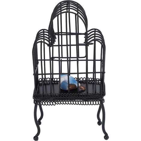 Cage à oiseaux miniature en métal à l'échelle 1:12 pour maison de poupée, avec porte ouvrante réaliste, fausse herbe et autocollant d'oiseau noir. (1/5)