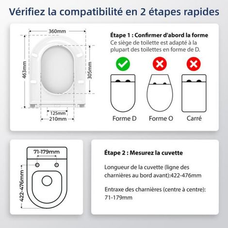 Abattant WC - Duroplast Antibactérien - Fermeture Douce - Compatible WC Standard - Blanc - 463 x 360 mm