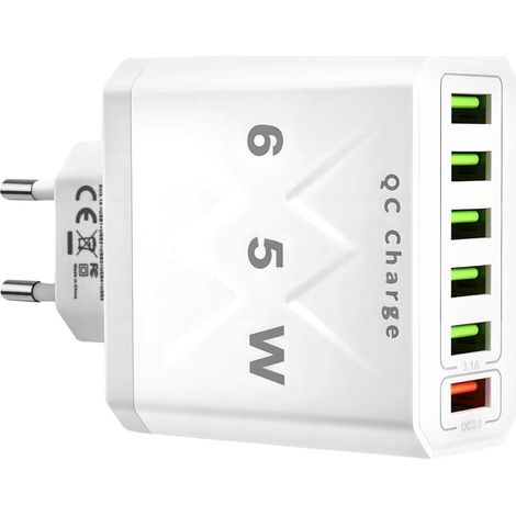 65W Chargeur USB Multiple 6Ports Rapide Multi Secteur Technologie QC 3.0 Smart Prise USB Multiple Fast Charger Universel Adaptateur Compatible avec iPhone 16 15 14 Pro Max Samsung Tablettes (1/5)