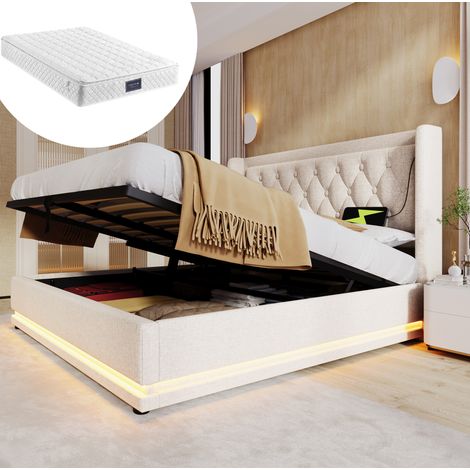 Letto contenitore matrimoniale 140x200 cm con materasso, sollevamento idraulico, USB e Type-C, LED, in cotone beige (1/5)