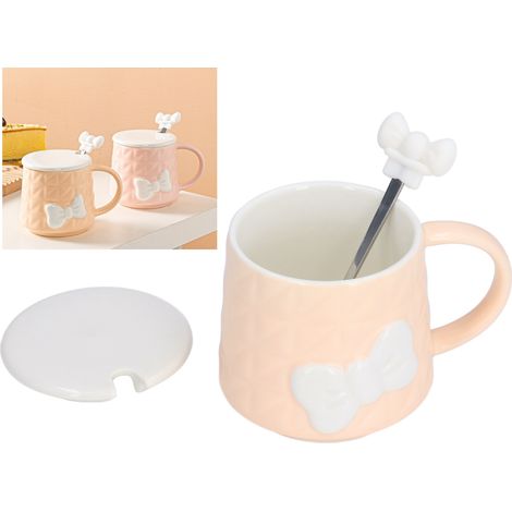 Mug en céramique orange avec couvercle et cuillère, motif nœud papillon original et mignon, idéal pour les couples, coffret cadeau pratique. (1/5)