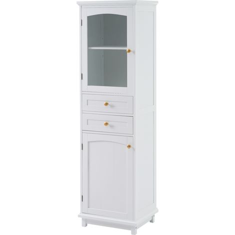 Badezimmerschrank 45 x 36 x 160 cm, Weiß, MDF und Glas, 2 Schubladen, verstellbare Regalböden (1/5)