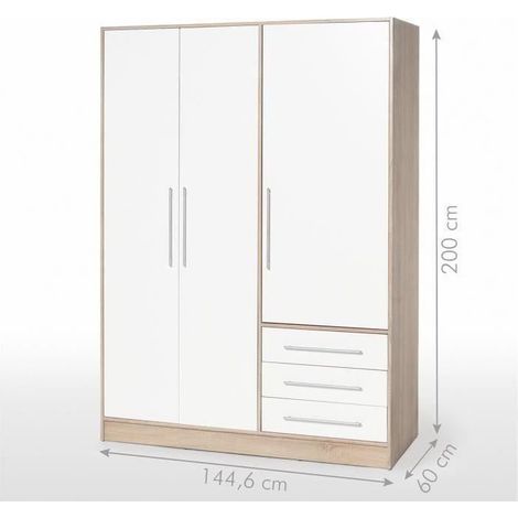 Les Tendances – Armoire de chambre contemporaine en bois aggloméré chêne et blanc – 3 portes et 3 tiroirs – Dimensions L 144,6 x P 60 x H 200 cm (1/5)