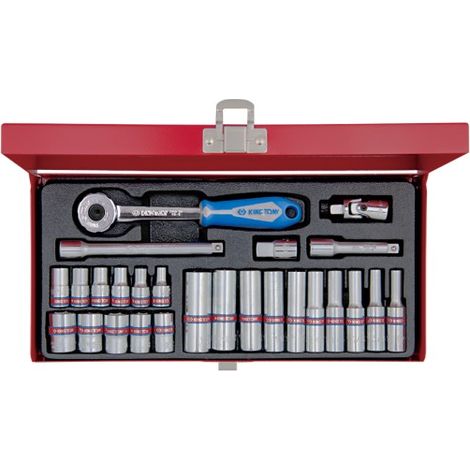 Coffret cliquet et douilles 1/4" – 26 pièces – Douilles longues et courtes 6 pans – Cliquet à tête ronde – Cardan universel 38mm – King Tony