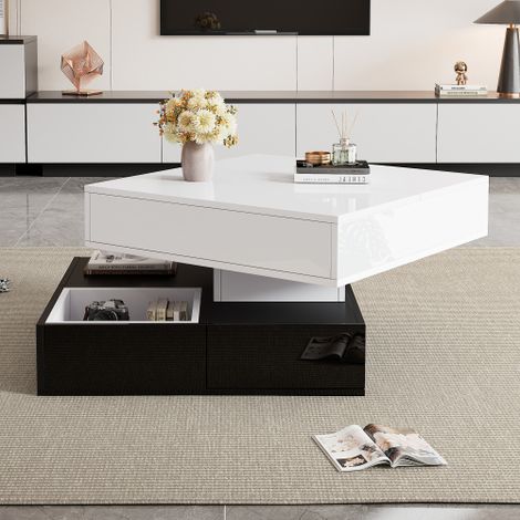 Table basse double couche avec plateau rotatif et 3 tiroirs, table basse géométrique brillante, 70x70x40 cm (1/5)