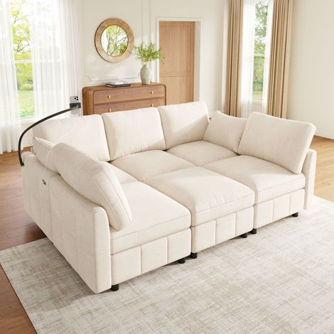 Canapé modulaire convertible 6 places panoramique, 1 hocker mobile, chargement rapide 24W, support téléphone, 218x157x85 cm, chenille, beige (1/5)