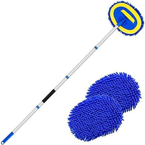 Kit di pulizia con spazzola per autolavaggio e manico lungo, spazzola in microfibra di ciniglia 2 in 1 per veicoli, auto, camion, roulotte, senza graffi (blu)