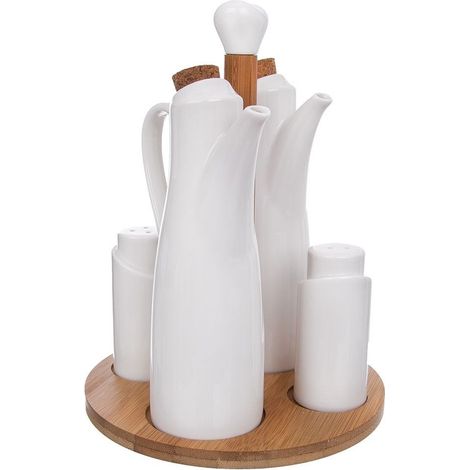 Salero, pimentero, botellas de aceite y vinagre, porcelana, con soporte, WHITELINE, 5 piezas.