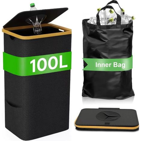 Poubelle de tri sélectif 100L grande capacité pour cuisine et maison, bac de recyclage étanche avec sac amovible, organisateur pour bouteilles, verre, plastique et emballages (1/5)