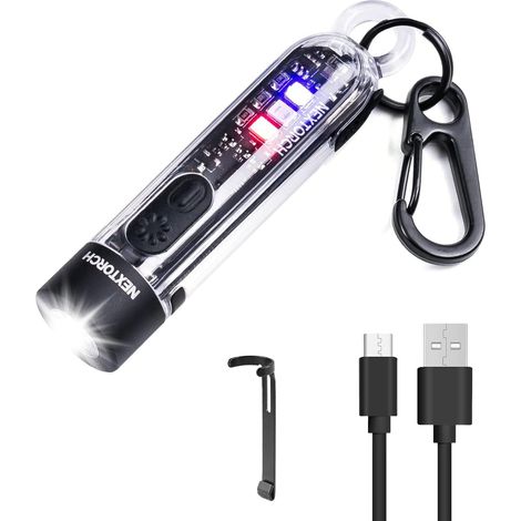 Schlüsselanhänger-Taschenlampe, 700 Lumen, wiederaufladbar, helle EDC-Taschenlampe mit 405 nm UV-Taschenlampe, rotes blaues Licht, Notfall-Blinklicht für Outdoor-Camping, Spaziergänge mit dem Hund