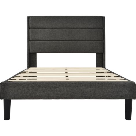Letto capitonné 90 x 200 cm grigio con struttura, rete a doghe e testiera, rivestimento in lino (1/5)