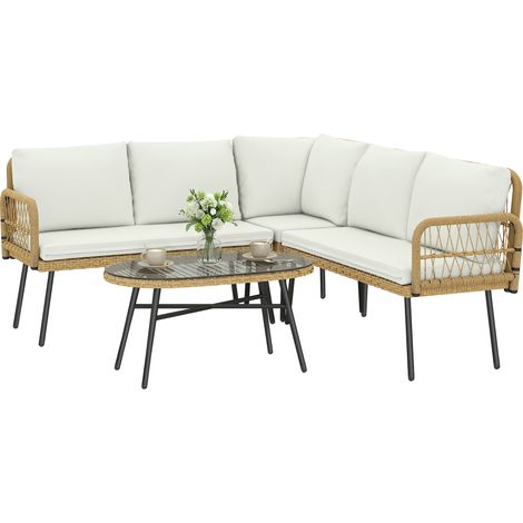 Polyrattan Gartenmöbel Set 4-teilig mit 2 Ecksofas 2-Sitzer und Couchtisch Stahl Holzoptik Creme