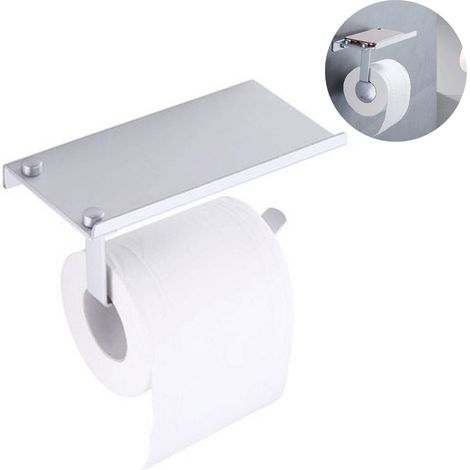 Soporte para rollo de papel higiénico, estante para teléfono, acero inoxidable, autoadhesivo, no requiere perforación, baño y cocina (1/5)