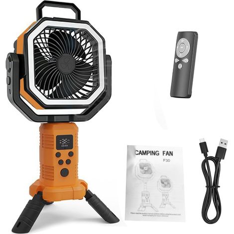 Tragbarer Campingventilator für Zelte  Wiederaufladbarer 20000-mAh-Akku, Fernbedienung, Oszillationsfunktion, bürstenloser Motor, LED-Laterne für Autos und Wanderer (ORANGE) (1/5)
