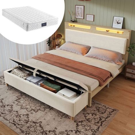 Lit Rembourré 160x200cm avec LED, Banc Coffre et Matelas - Lit double - Tête de lit rangement, Velours côtelé beige, Bois (1/5)