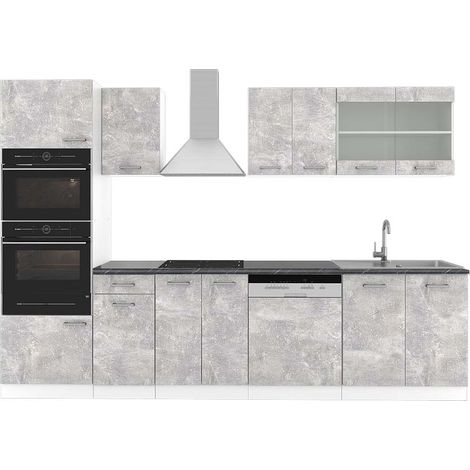 Cucina componibile R-Line, Cemento/Bianco, 300 cm con armadio alto, PL Antracite, Vicco (1/5)