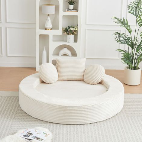 Canapé convertible rond 1 place en velours côtelé avec méridienne 4 en 1, sofa demi-cercle modulable et coussins inclus pour salon - Beige (1/5)