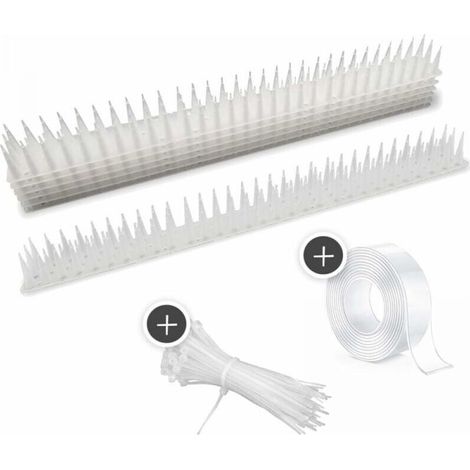 12 Pack (White) - Over 5m - Extra High Spiked Bird Repellent for Balconies, Fences and Roofs - with Waterproof Tape and Zip Ties (1/5)