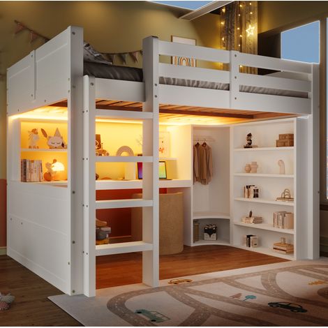 Cama alta 140x200 cm blanca en madera de pino con LED, armario y escritorio (1/5)