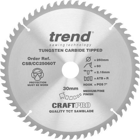 Trend CSB/CC25060T Craft Pro - Lama per sega circolare TCT con punta in carburo di tungsteno, 250 mm x 60 denti x 30 fori