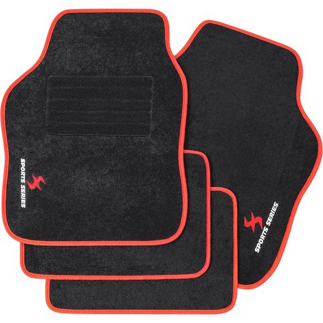 WOLTU Alfombrillas Universales para Coche Alfombra Moqueta con Bordado de Sports Alfombrilla Antideslizante para Todas Las Estaciones 4 Piezas 65.5x45cm / 33x45cm Negro con Borde Negro con Borde Rojo (1/5)
