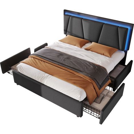 Lit rembourré 160x200 avec LED, 4 tiroirs, tête de lit réglable et matelas 720 ressorts, structure bois et fer, gris, design gain de place - CHICFURN (1/5)