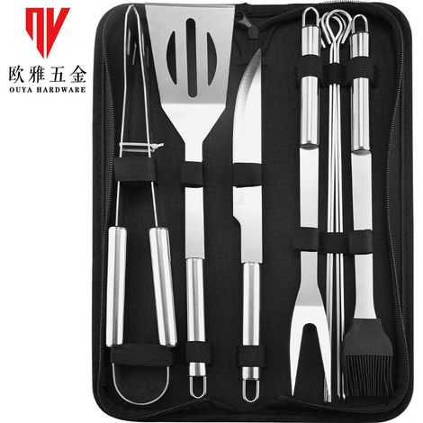 Juego de utensilios de cocina de acero inoxidable, que incluye un tenedor, una espátula y una pinza, con bolsa de tela y funda para barbacoa. Color: plateado. (1/5)