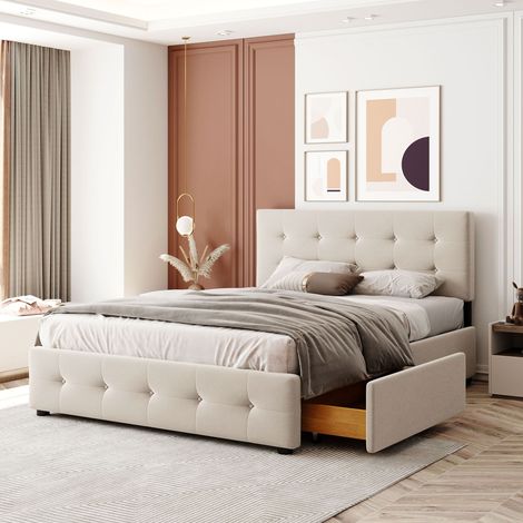 Cama doble con almacenamiento y respaldo de terciopelo OKMYHOME (1/5)