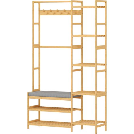 Porte-manteau avec étagère à chaussures, patères, banc avec coussin, pour entrée, couloir, hall d'entrée, bois naturel