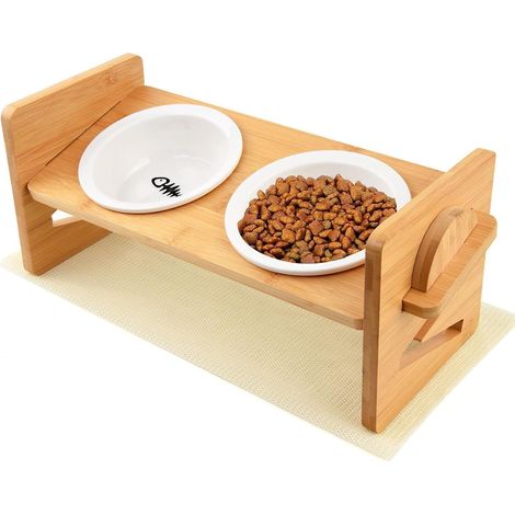 Distributeur de croquettes pour chat avec support, gamelle inclinable en céramique, hauteur réglable convenant aux chats et aux chiens. (1/5)