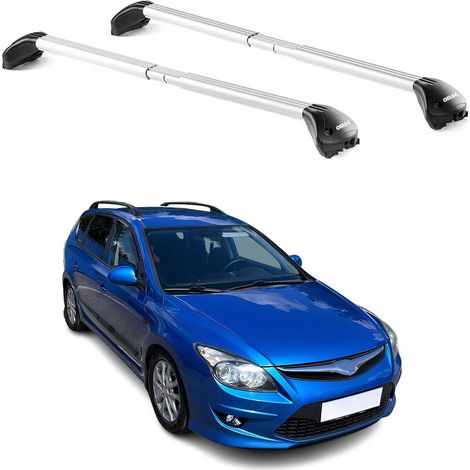 OMAC Barres de toit transversales certifiées TÜV pour Hyundai i30 I Break 2007-2012 – Verrouillables (4 antivols) – Charge max 100 kg – Sangle inox + protection caoutchouc Argent (1/4)
