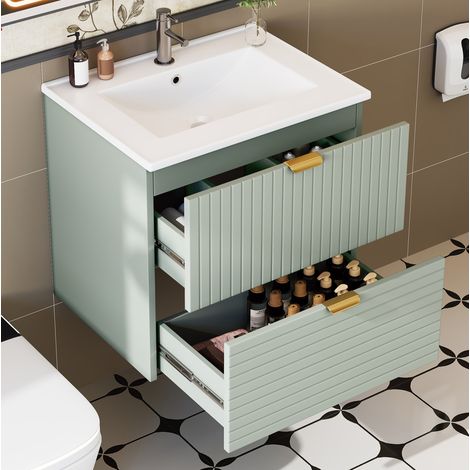 Mueble lavabo mural 61x46x57 cm con lavabo y 2 cajones, en MDF y cerámica, verde menta (1/5)