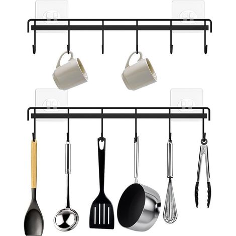 Set di 2 portautensili da cucina,portautensili da cucina con 6 ganci,appendiabiti nero per utensili da cucina