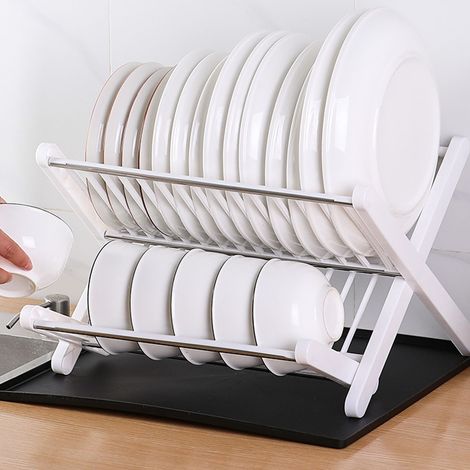Étagère de rangement pliable pour la cuisine, idéale pour les bols, les assiettes et la vaisselle étagère à couverts double couche noire avec bac récupérateur de graisse. (1/5)