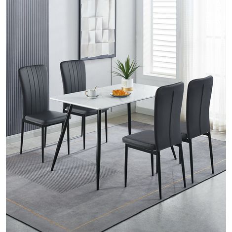 Hallowood Furniture Cullompton Small Dining Table and Chairs Set 4, White Marble Effect Top Kitchen Table and Chairs Upholstered in Black Faux Leather and Metal Legs for Home, Office & Café (1/5)