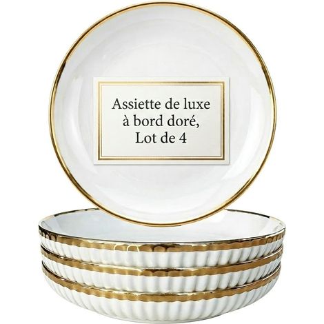 Assiettes Céramique Blanche avec Liseré Doré 21 cm Bords Hauts 3.5 cm Assiette à Dessert Creuse Plate Cannelée Scandinave Chic pour Salade Pâtes Brunch Apéro Fête (1/5)