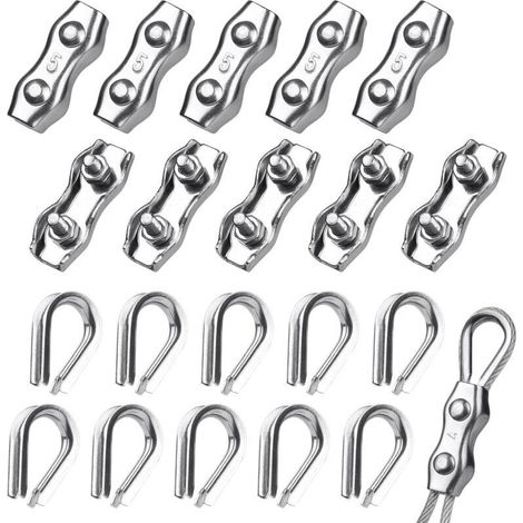 10 morsetti per cavi in acciaio da 5 mm + 10 capicorda, acciaio inossidabile 304 per cavi in acciaio da 3-4 mm, stendibiancheria