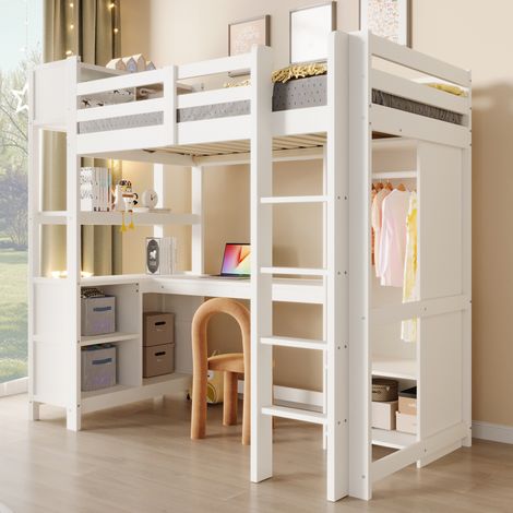 Cama alta 90x200 cm blanca de pino y MDF con escritorio, armario y estanterías (1/5)