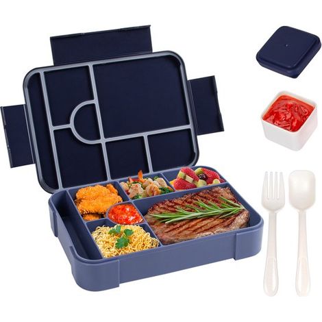 Bento Lunchbox - 1330ml Lekvrije Bento Box voor Volwassenen - 6 Vakken Voedselcontainer met Bestekset - BPA-vrij Snackbox voor Kantoor - Magnetron & Vaatwasserbestendig - Donkerblauw - 1 Stuk (1/5)