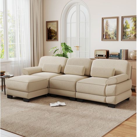 MODFU – Canapé modulable 3 places 265x161x94 cm velours côtelé – Pouf et accoudoirs amovibles – Mousse HD et charge 530 kg – Salon – Beige (1/5)