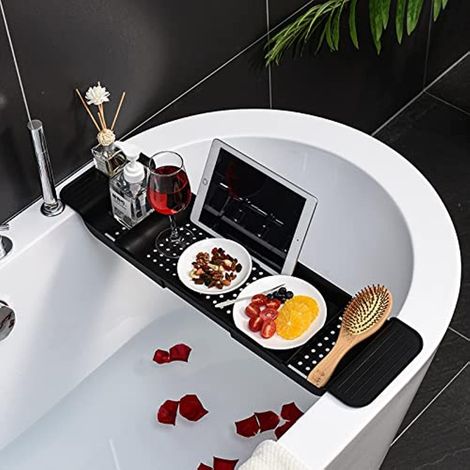 Badezimmer-Zubehör-Set, erweiterbares Badewannentablett, rutschfestes Aufbewahrungsregal, multifunktionaler Badewannen-Organizer für Getränke und Badzubehör (schwarz) - RAPANDA (1/5)