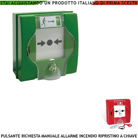 PULSANTE ROTTURA VETRO VERDE ATTIVAZIONE RICHIESTA INTERVENTO INCENDIO RIPRISTINO A CHIAVE SBLOCCA PORTE REI EN 54-11 CPD (1/4)