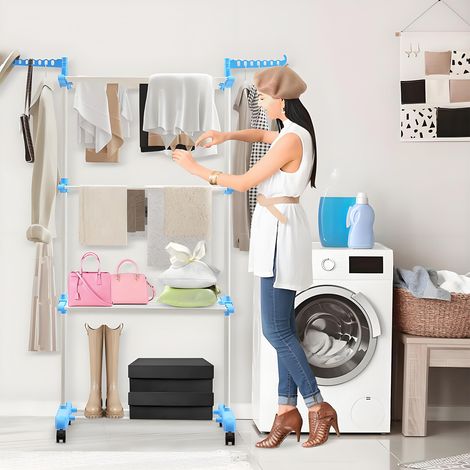 Youyijia Clothes Drying Rack 4 Tier Foldable Airer Laundry Dryer Adjustable Stainless Steel Garment Laundry Racks Heavy Duty Removable Clothes Hanger with Casters for Indoor Outdoor Style1 (1/4)