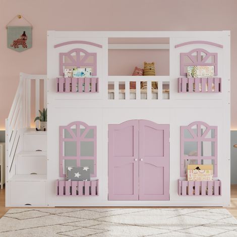 Lit mezzanine enfant 90x200 cm, lit cabane avec fenêtres en acrylique, escalier avec rangement, espace de jeu inférieur, pin et MDF blanc rose (1/5)
