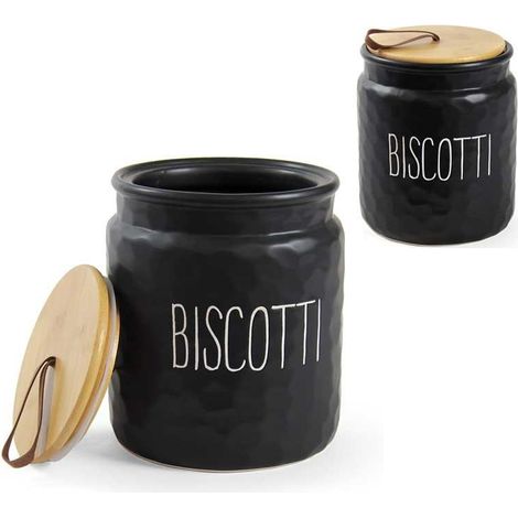 PORTA BISCOTTI MODELLO ONDULATO 15 X 18 CM NERO CON TAPPO IN LEGNO