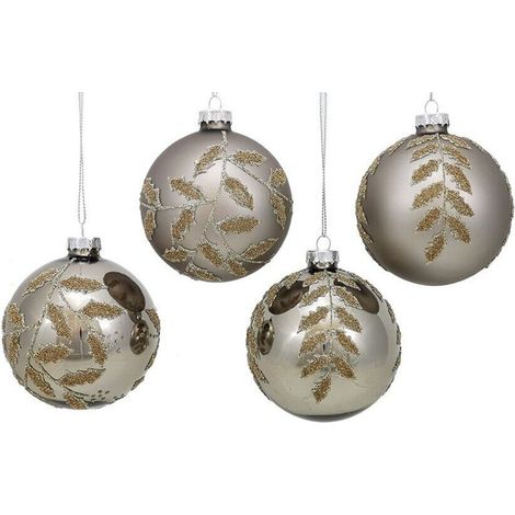 Palline in vetro soffiato champagne e foglie oro decorazioni per albero di natale addobbi sfera cm8 natalizia set da 4 (1/5)