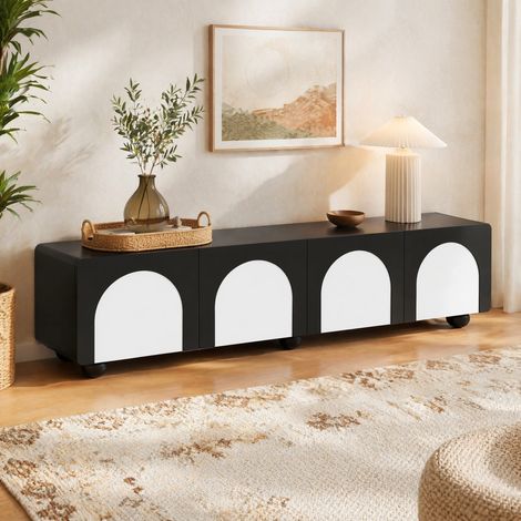 Mueble TV 180 x 38 x 45 cm con 2 cajones y 2 puertas, negro y blanco DESVIAE (1/5)