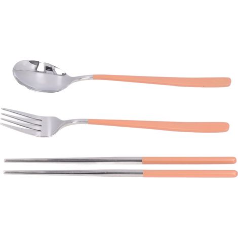 Ensemble de couverts réutilisables en acier inoxydable 304 pour étudiants et bureau - Fourchette, cuillère, baguettes orange et argent