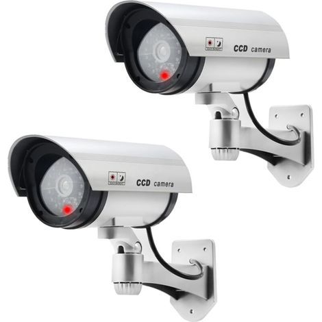 2 pièces Caméra virtuelle CCTV Fausse caméra de sécurité, Flash LED intérieur et extérieur, Argent